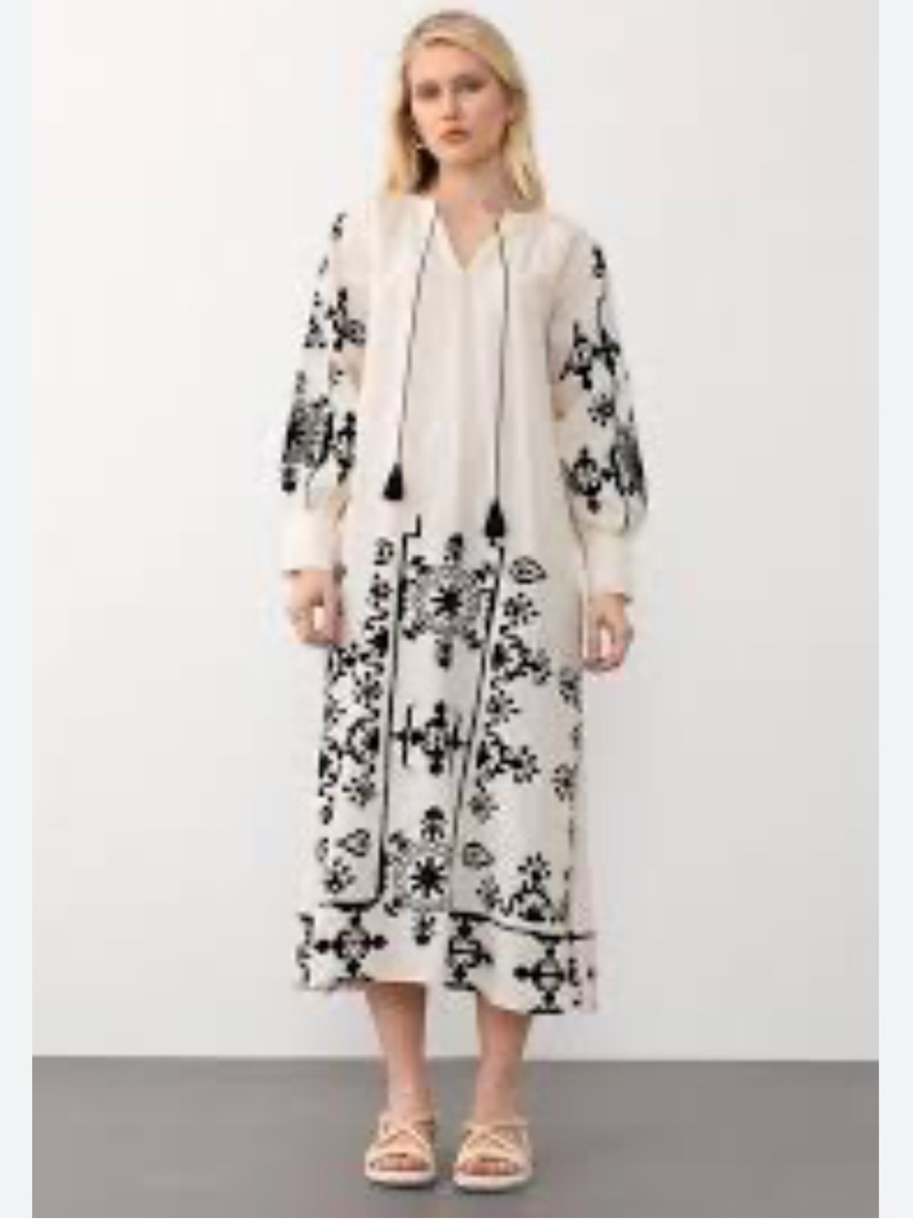 H&M Cream Midi Dress with Black Embroidered Motif, Size XS